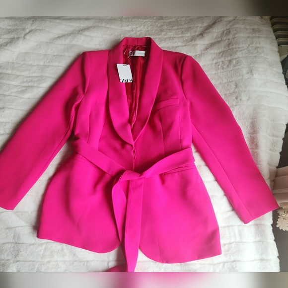 ZARA SET Tuxedo Collar Blazer Belted & Pants neon Fuschia: Sizes S,M,LBNWT - Picture 5 of 12